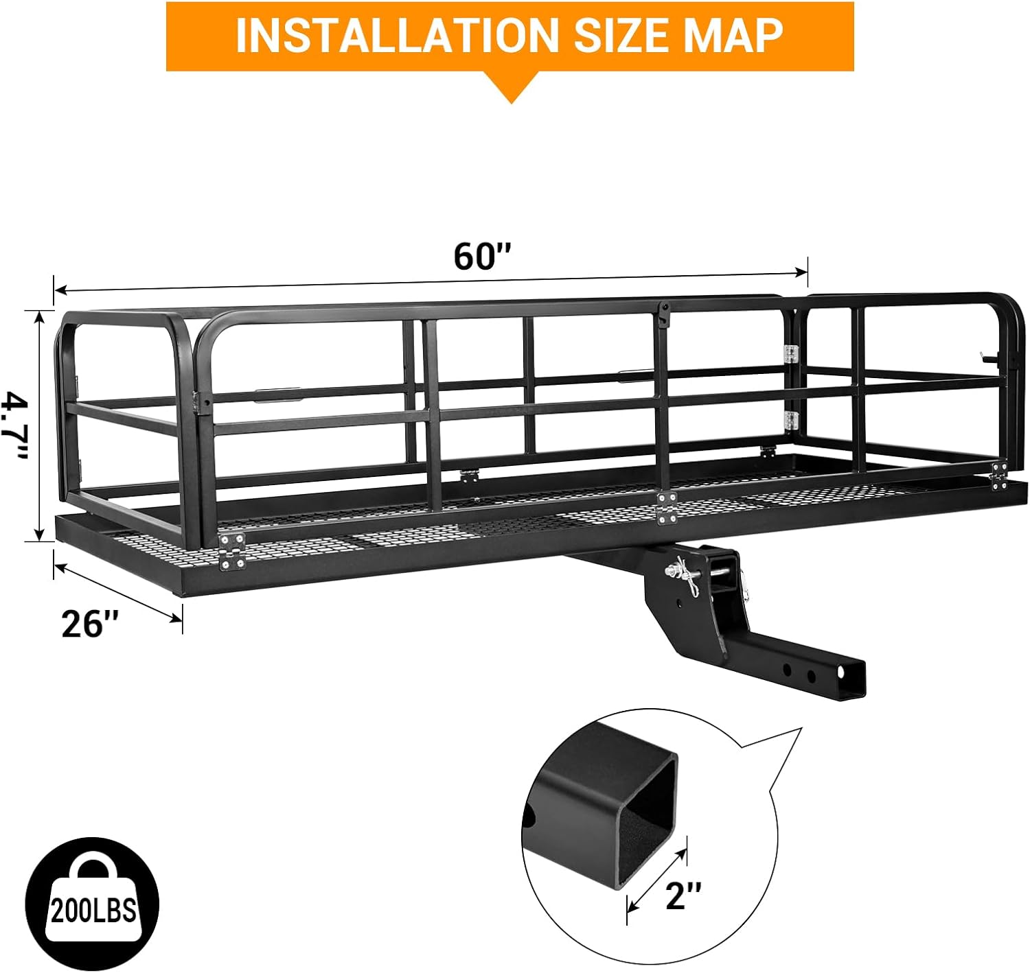 Hitch Cargo Carrier Rack, 60" x 26" x 4.7" Luggage Rack Basket with 750 lbs Capacity, Fits 2" Receiver – Folding Hitch-Mounted Cargo Carrier for SUV, Truck, Trailer, and Vehicle Cargo Transport