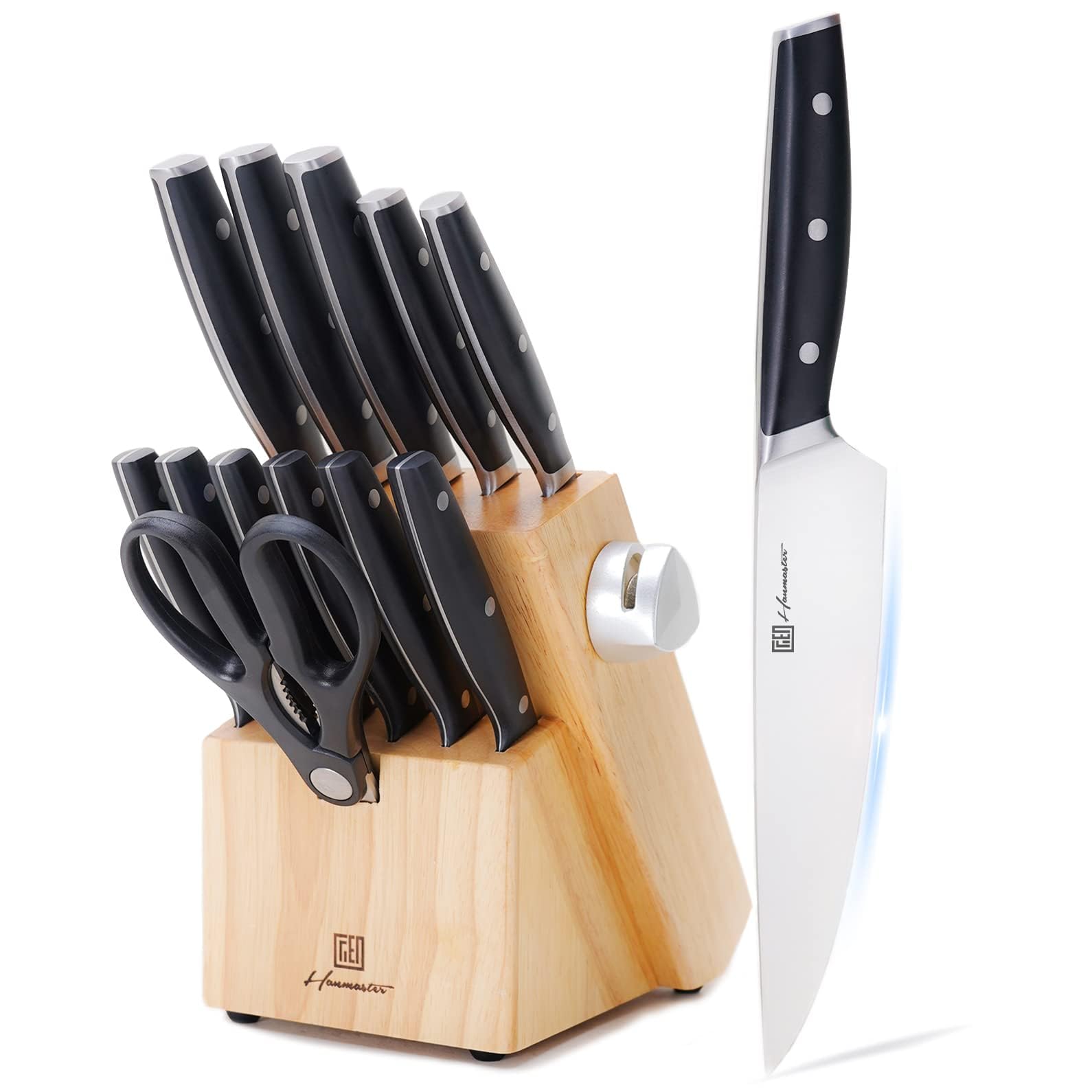 HanmasterKnife Set, 13 Pieces Stainless Steel Knife Sets for Kitchen with Block, Kitchen Scissors, Sharp Kitchen Knife for Home and Restaurants, Gift Box Packed,Black. (14, black)