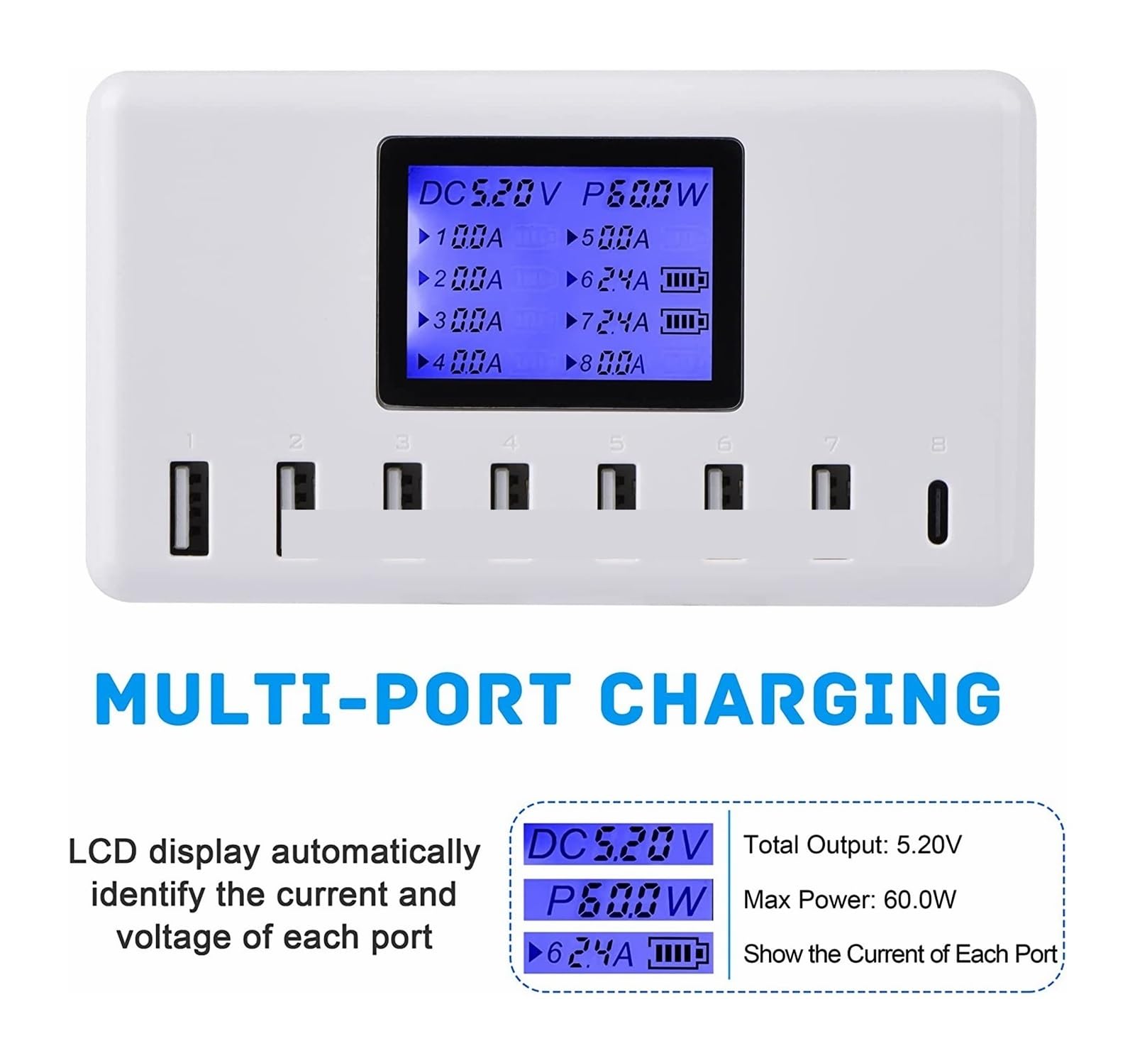 Ładowarka USB, Stacja ładująca USB 8 portów 60 W/12 A wieloportowa ładowarka USB typu C z wyświetlaczem LCD do telefonów komórkowych i tabletów wielu urządzeń