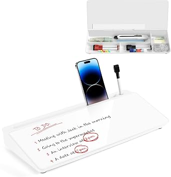 VUSIGN Glass Desktop Whiteboard with Storage, Small Organizer Dry Erase Board Desk Board Buddy White Board, Desktop Computer Pad for Notetaking, Desk Whiteboard for Office, Home, School Supplies