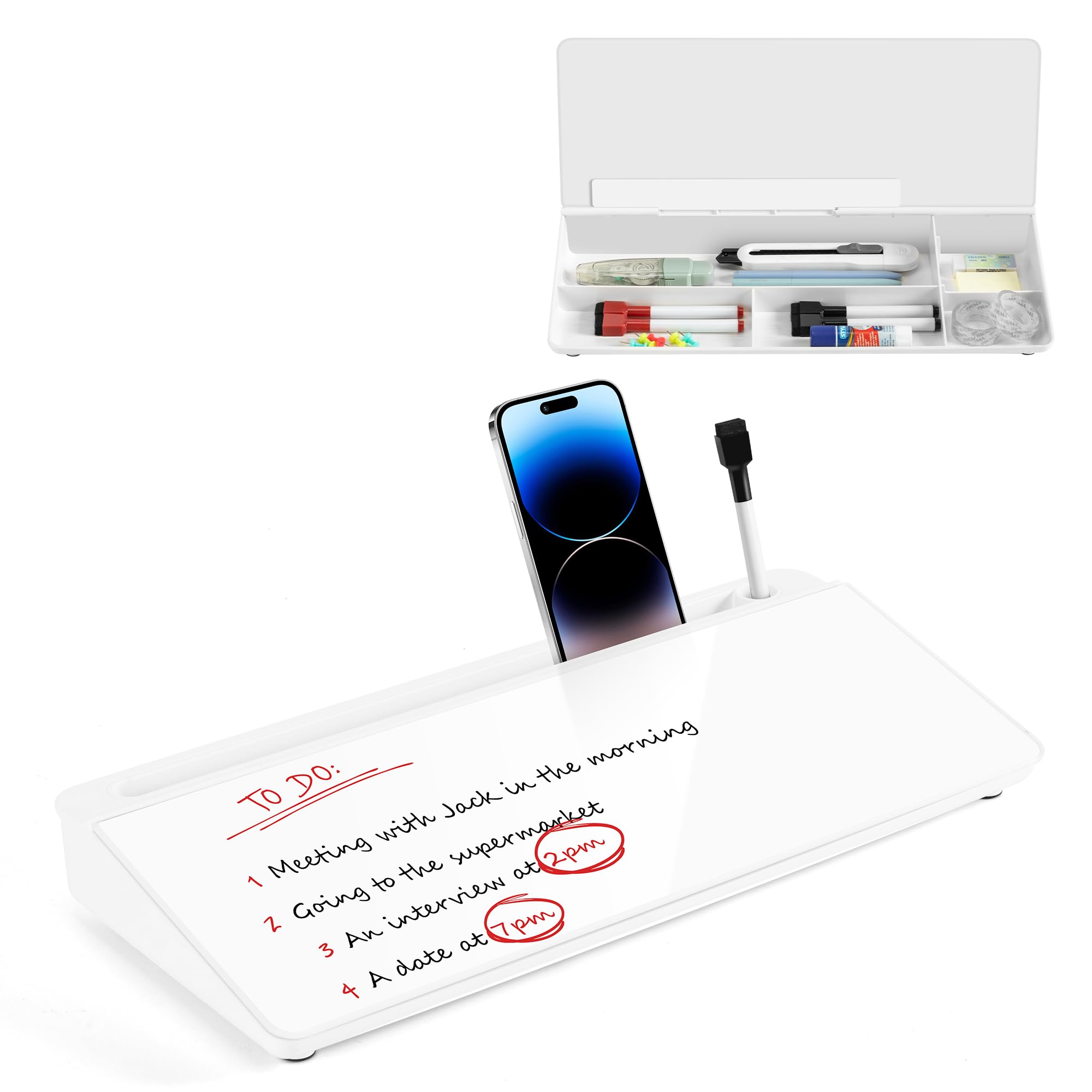 VUSIGN Lavagna bianca da scrivania in vetro con contenitore, piccola lavagna cancellabile a secco, lavagna bianca Buddy, tappetino per computer desktop per appunti, lavagna bianca da scrivania per