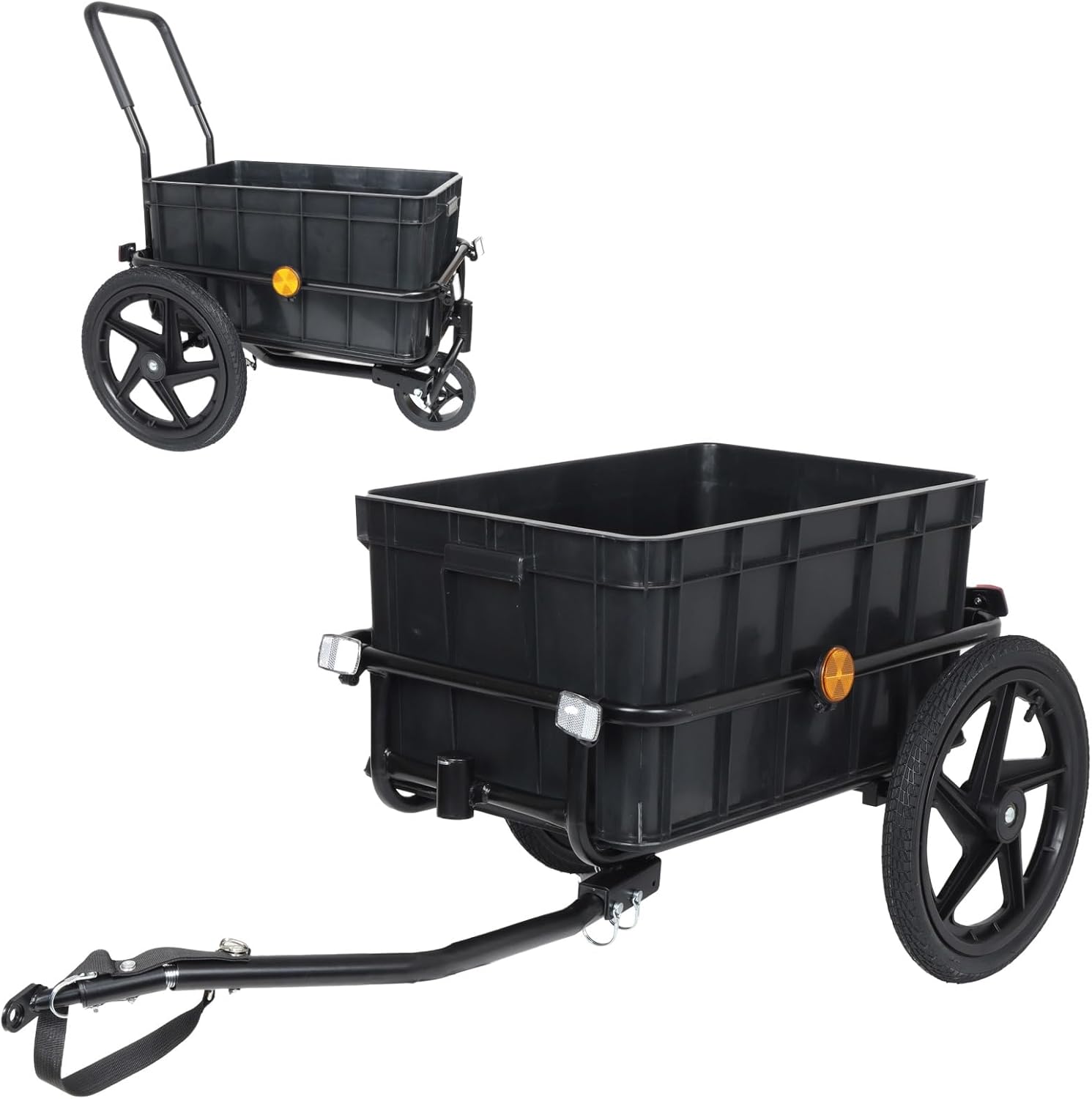 2-in-1 Bike Cargo Trailer Pushcart, Bicycle Trailer with Removable Box and Waterproof Cover, Black, Pushcart Stroller with Tow Hitch and Removable Handlebar, Black