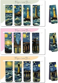 Kit 12 Marcadores de Página Magnéticos 12 peças, homens, amantes de livros, marcadores de página para estudantes e professores lendo - Nova York e Faróis Inspirados em Noite Estrelada de Van Gogh