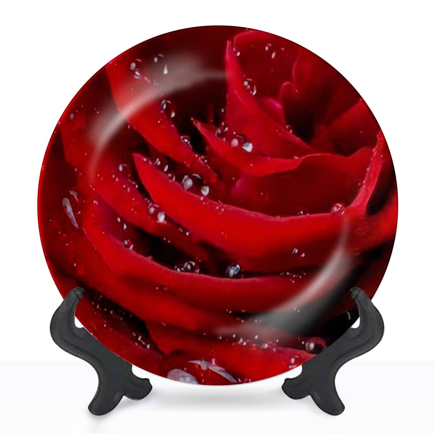 DISAOODANK Decorative Plates Close up of red Rose Wall Decor Ceramic Ornament with Display Stand and Hook Up for Festival, Parties, Wedding 10