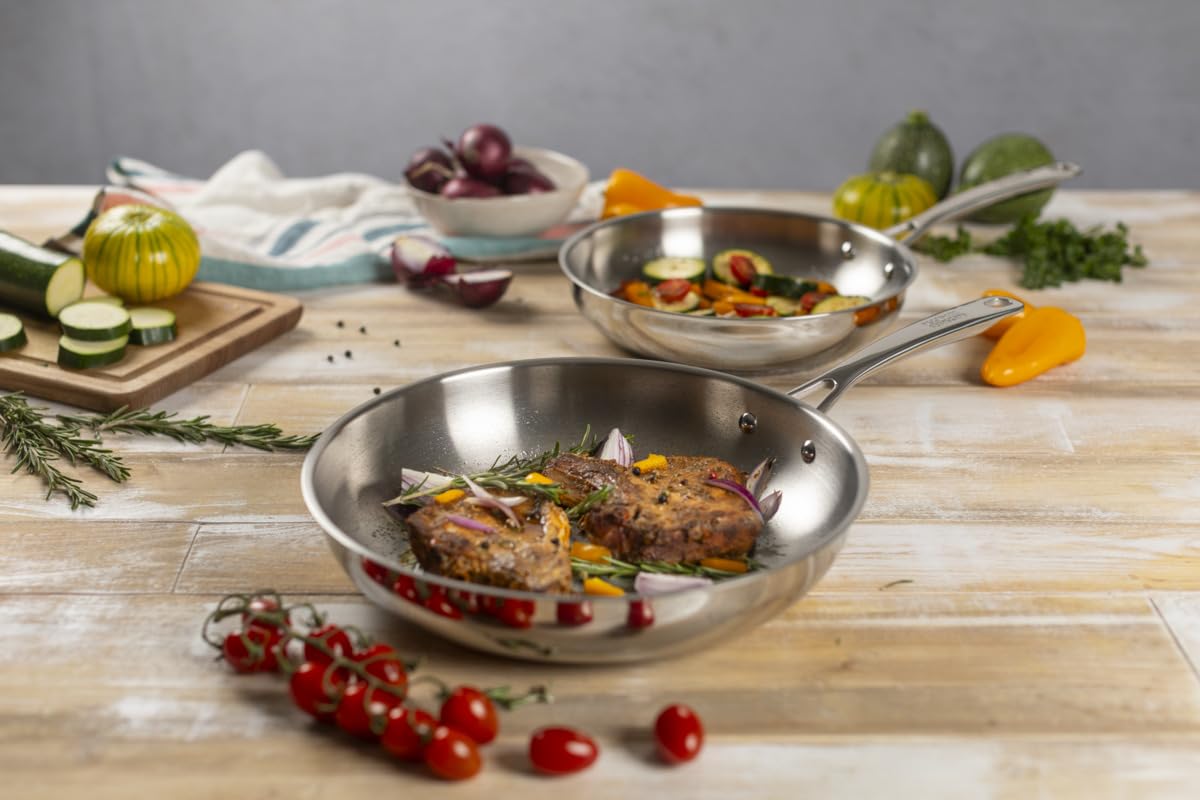 Kuhn Rikon Set di padelle da 24 cm e 28 cm, in acciaio inox non rivestito, con manici e finiture a specchio. Utilizzabile su qualsiasi piano cottura, compresi quelli a induzione e combustibile solido