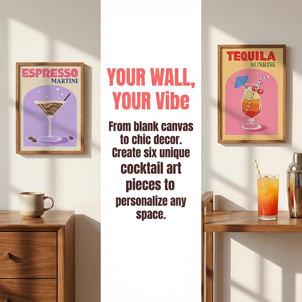 SYTTNUM 6 Pezzi Dipingere Con I Numeri Cocktail Retrò,Kit Pittura con i Numeri per Adulti 20 x 30 cm con Pennelli e Vernici Acriliche - Tela da Dipingere Senza Cornice per Principianti (Cocktail-2)