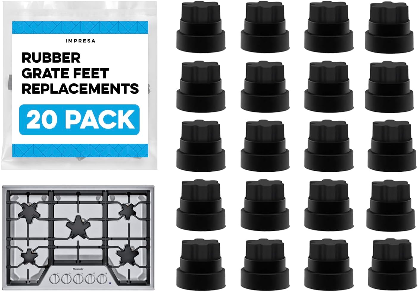 20 Pack Rubber Grate Feet Replacement - Compatible with Thermador P/Ns 00618112, 1999626, 617174, 618112, AH3478553 & PS3478553 - Heat-Resistant Rubber & Quick 15-Second Install
