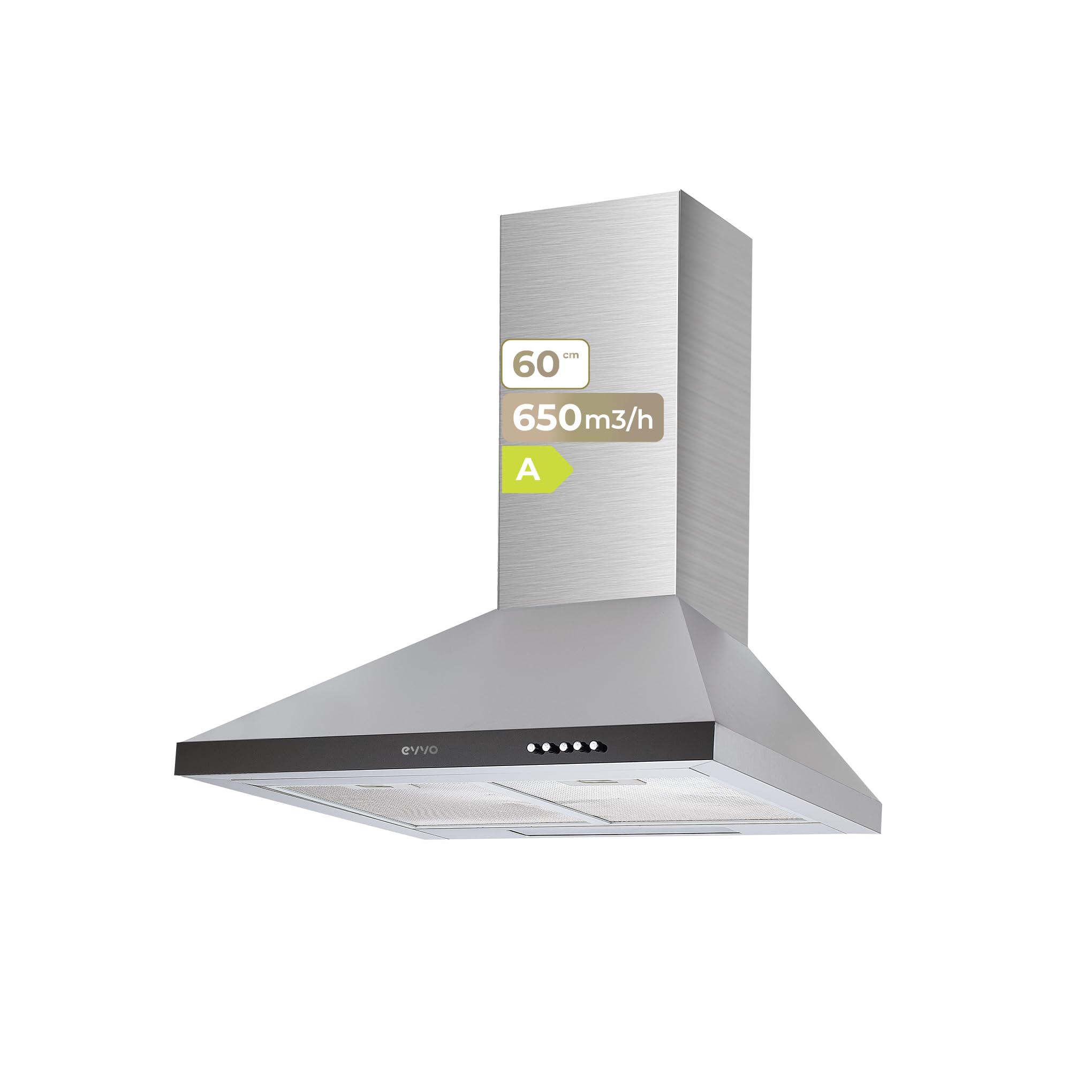 EVVO Campana Extractora 60 cm de Ancho, Potencia 650 m³/h, 3 Velocidades, Color Inox, Eficiencia Energética A (Modelo: CE21)