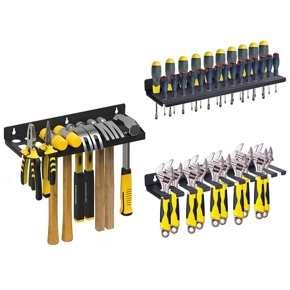 UNICRAFTALE 3 Set 3 Styles Wall Mount Hand Tool Storage Set Black Screwdriver Organizer Heavy Duty Wall Mount Storage Rack with Metal Fittings Carbon Steel Pliers Holder with Holes Utility