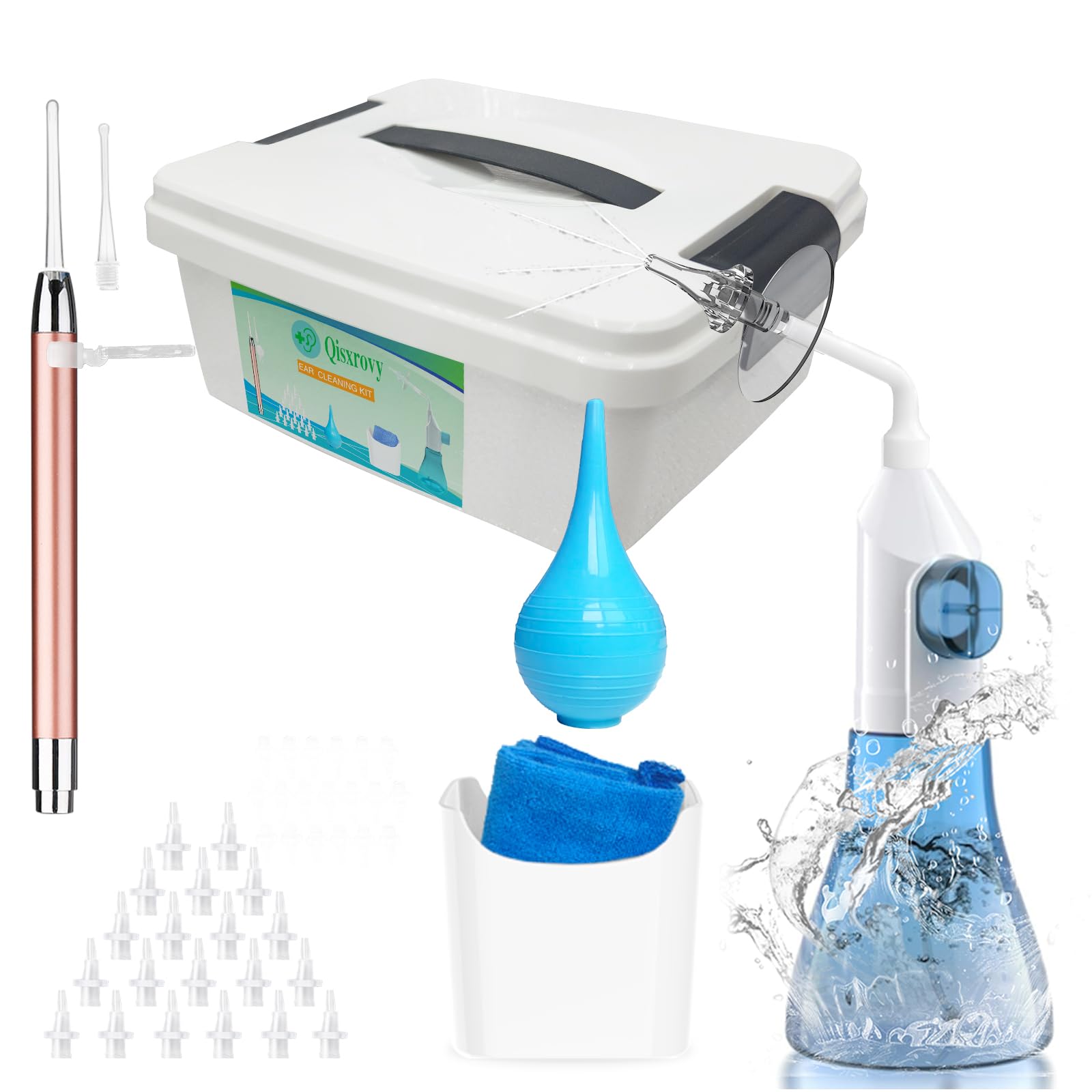 Ear Wax Removal Tool, Ear Cleaning Kits Safe Ear Irrigation Kit Ear Flush Kit for Adults Kids, Ear Wax Washer Device with LED Earwax Spoon, Basin, Bulb, Curette Kit, Towel, Tips, Storage Box Blue