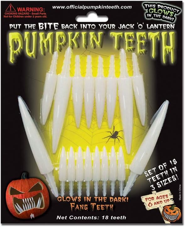 Halloween Pumpkin Carving Kit - Pumpkin Teeth for your Jack O' Lantern (Glow in the Dark Assortment of 18 Fangs, 18 Shark Teeth, and 18 Buck Teeth)