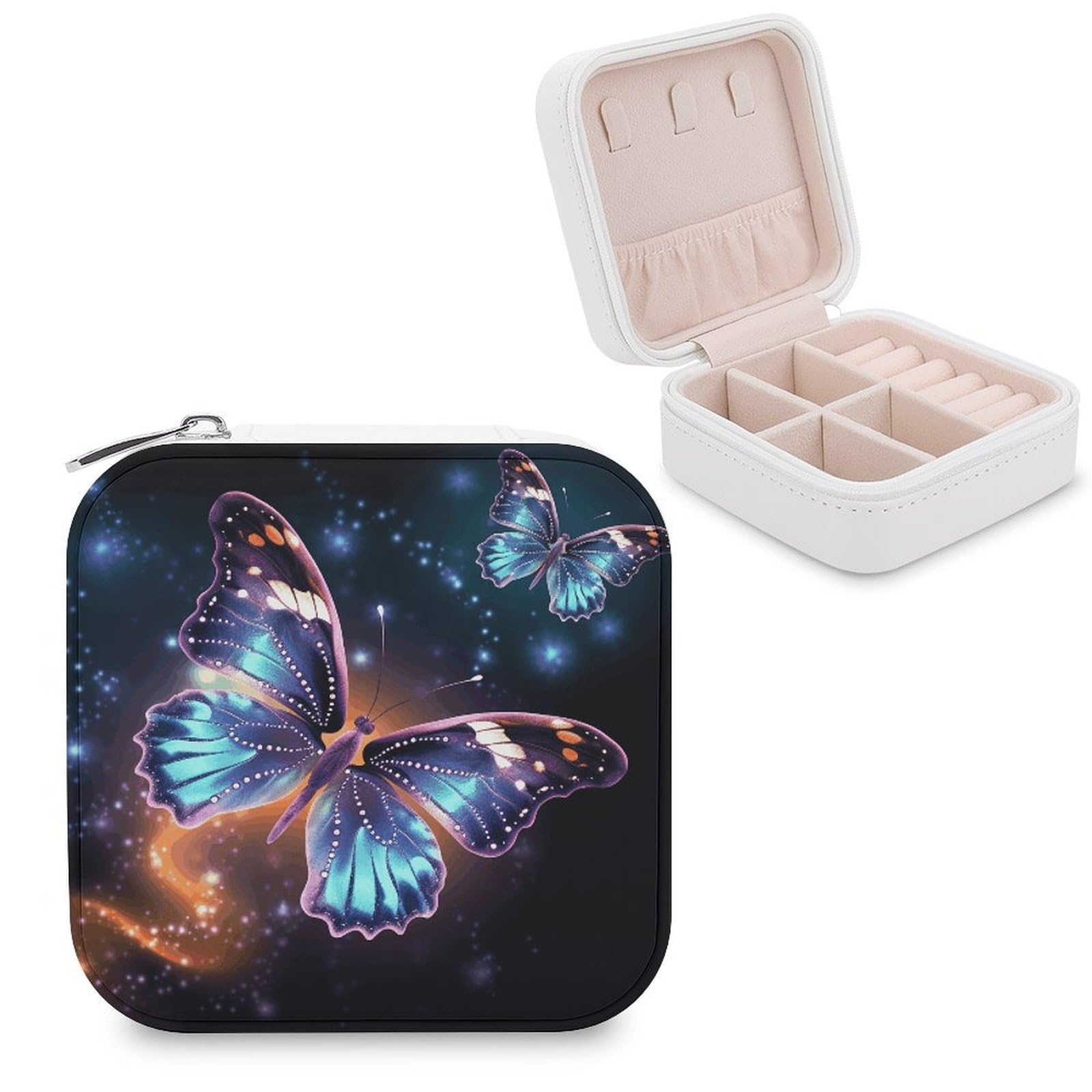 JTREHY Travel Butterfly And Stars Jewelry Case Portable Display Storage Box PU Leather Mini Jewelry Travel Case Personalized Travel Jewelry Organizer Small Jewelry Box for Women