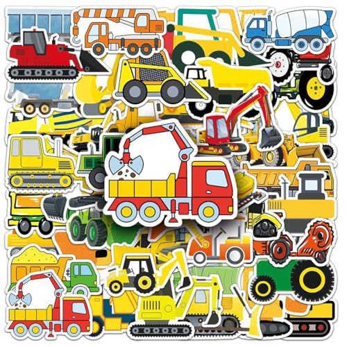 50 pcs pegatinas de excavadoras, tractores y vehículos de construcción para niños, Pegatinas de vinilo impermeables de bulldozers, para portátiles, botellas de agua y maletas