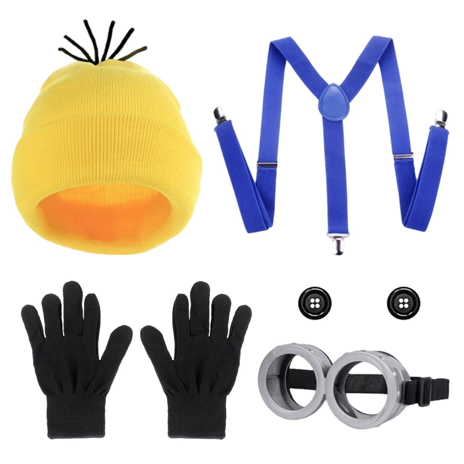 5 Piezas Accesorios Amarillo de Cosplay para Niños, Halloween Disfraz Carnaval, con Sombrero Amarillo Gafas Guantes Botones Tirantes