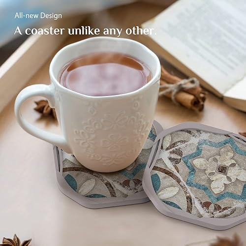 Miniatura 2 de UMIRRO Posavasos absorbentes para bebidas, posavasos de silicona retro rústico con inserto de fieltro para decoración de mesa auxiliar, estilo