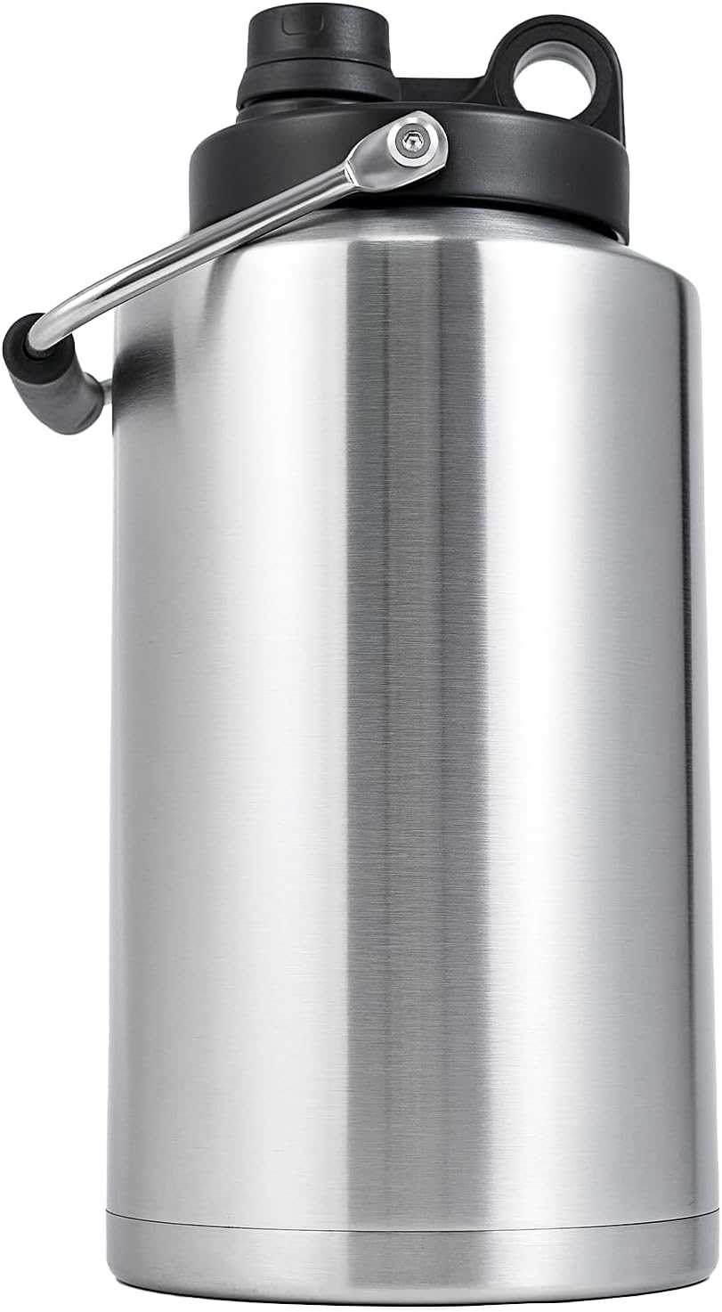 Miereirl 128 Oz Insulated Water Jug, One Gallon Stainless Steel Vacuum Double Walled Water Bottle With Handle, BPA-Free Keep Cold 48H Hot 24H, Wide Mouth For Sports, Traveling, Camping, Stainless