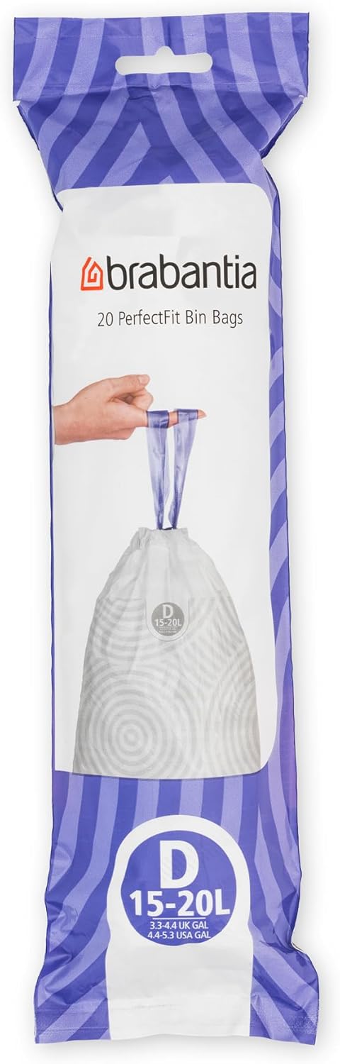 Brabantia PerfectFit Trash Bags (Size D / 4-5.3 Gal) Thick Plastic Trash Can Liners with Drawstring Handles (20 Bags)