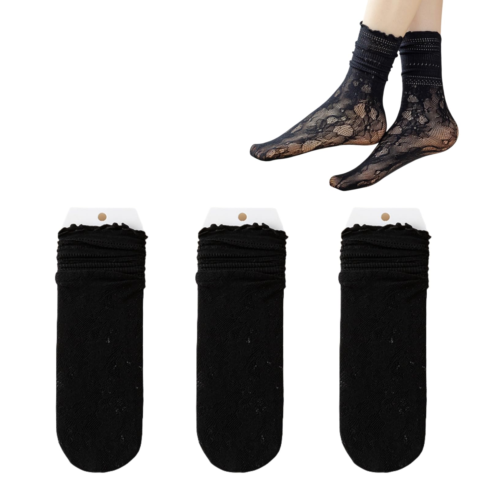 Duoyijin Women's Black Duoyijinn Lace Calf Socks 3 Pairs Cute Ruffle Frilly Cotton Sock Breathable Hollow Out Pop Socks For Girls,