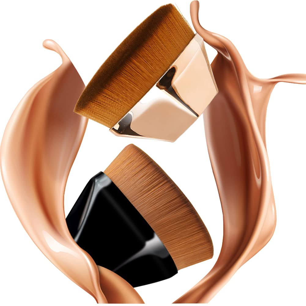 2 Pcs Foundation Makeup Kabuki Brush,Flat Top Hexagon Kabuki Brushes for Flawless Powder Cosmetics Multifunctional Make Up Brush,Protective Case for Brochas de Maquillaje (Black&Rose Gold)