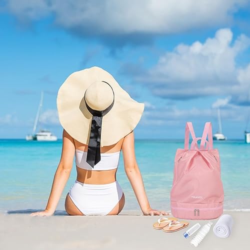 Miniatura 4 de Mochila de natación deportiva con compartimentos secos y húmedos, bolsillo a prueba de humedad para mujeres y hombres (rosa)