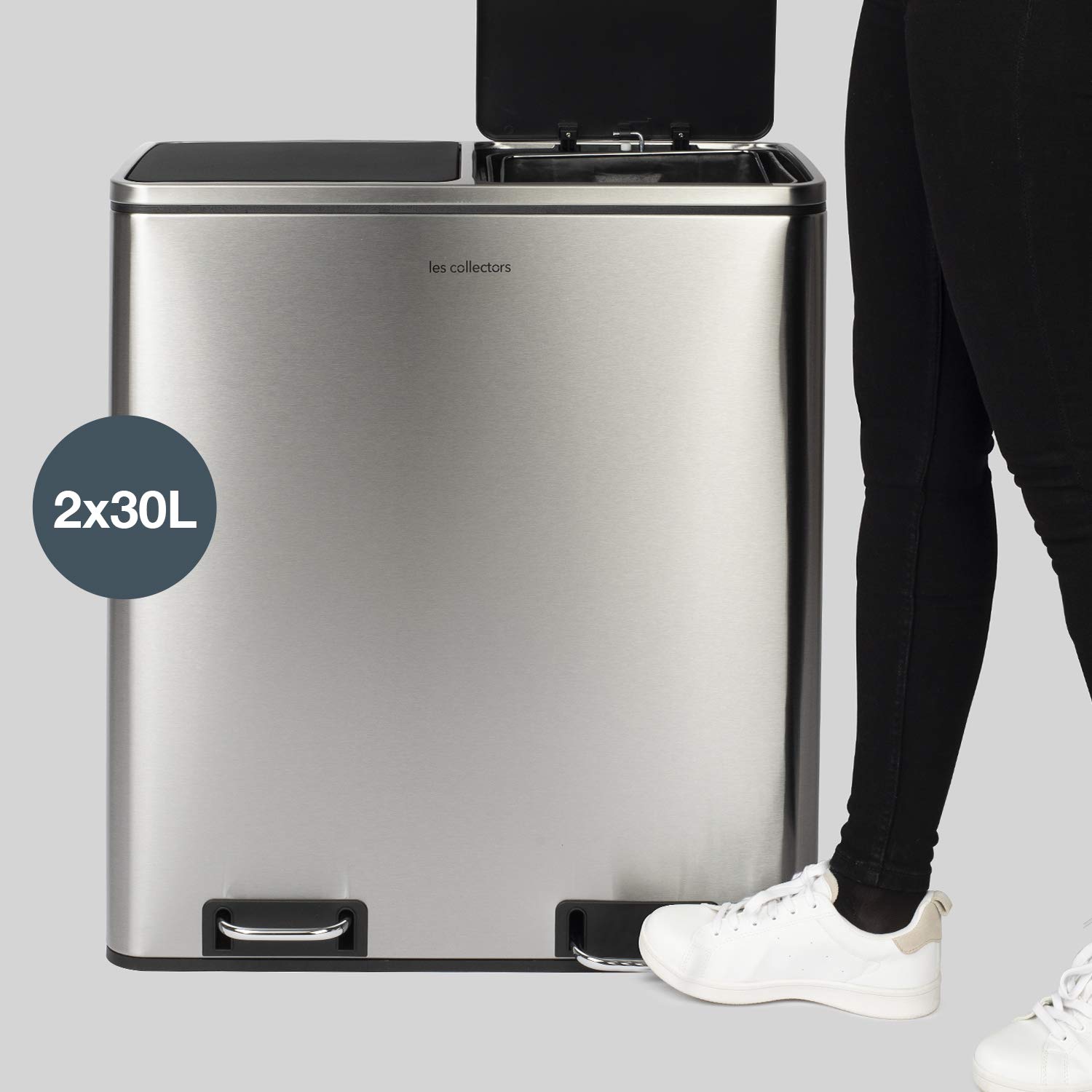 Les Collectors Mülleimer N°904, 60 L, passend für 30–60-Liter-Säcke, 2 Fächer 30 L, Küchen-Tretabfalleimer Edelstahl, Fassungsvermögen, herausnehmbarer Inneneimer, elegantes Design, Silber