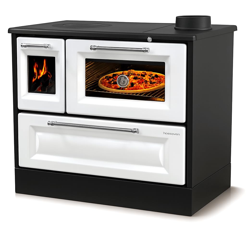 Stufa a legna con forno e piano cottura 4012 bianco forno a legna 8 kW, forno a legna multiuso, camino, stufa da cucina