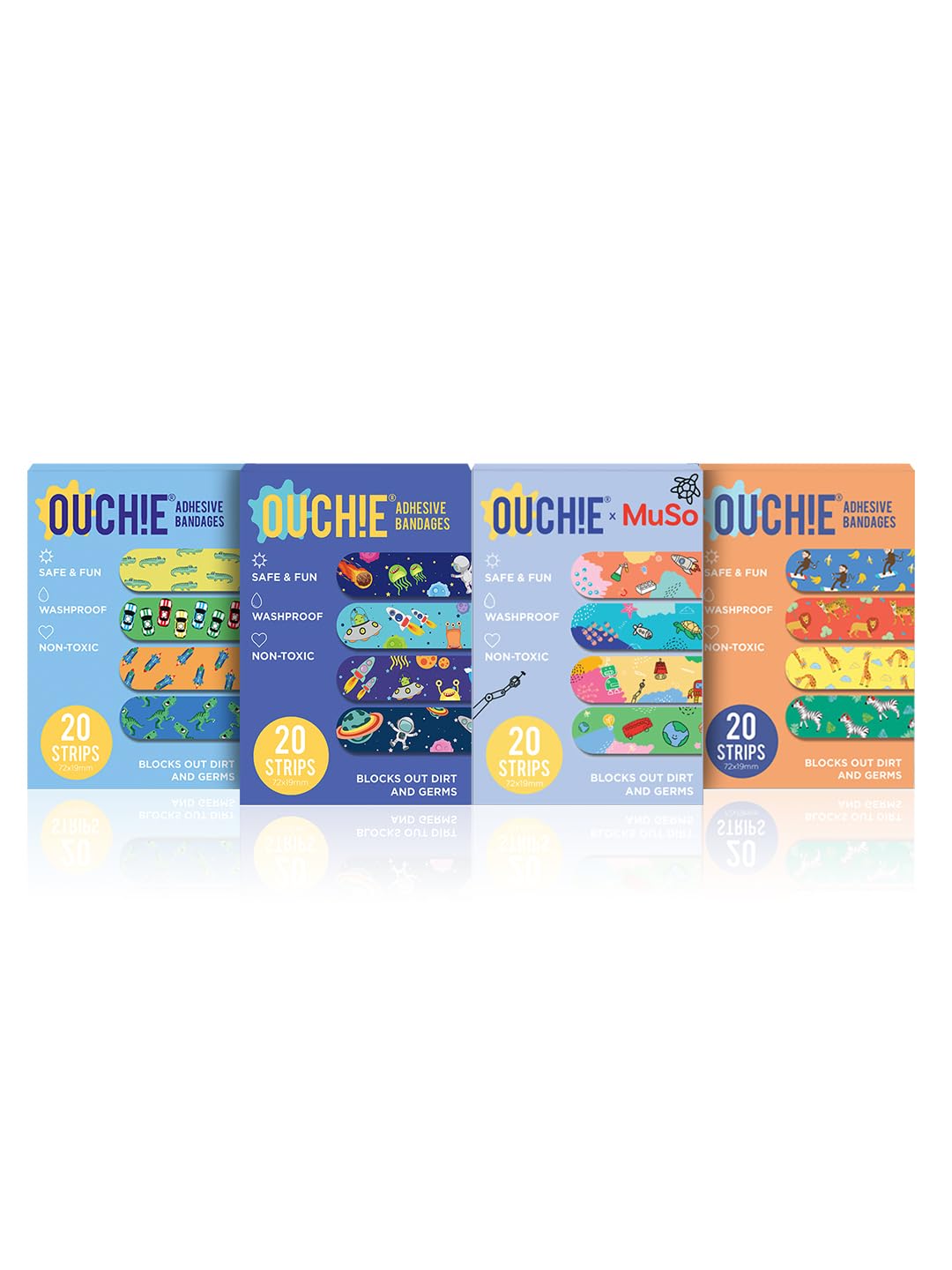 Ouchie Non-Toxic Printed Bandages Jumbo Pack Set of 4 (4 X 20 =80 Pack) - Adventure Awaits, Space Jam, Ouchie x MuSo & Jungle Fever