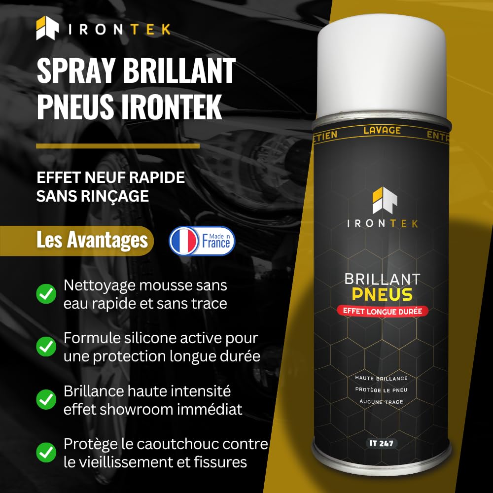 Lucidante Pneumatici Spray - IRONTEK - 500ml | IT247 | Alta Brillantezza | Protezione Lunga Durata | Anti Invecchiamento | Senza Aloni