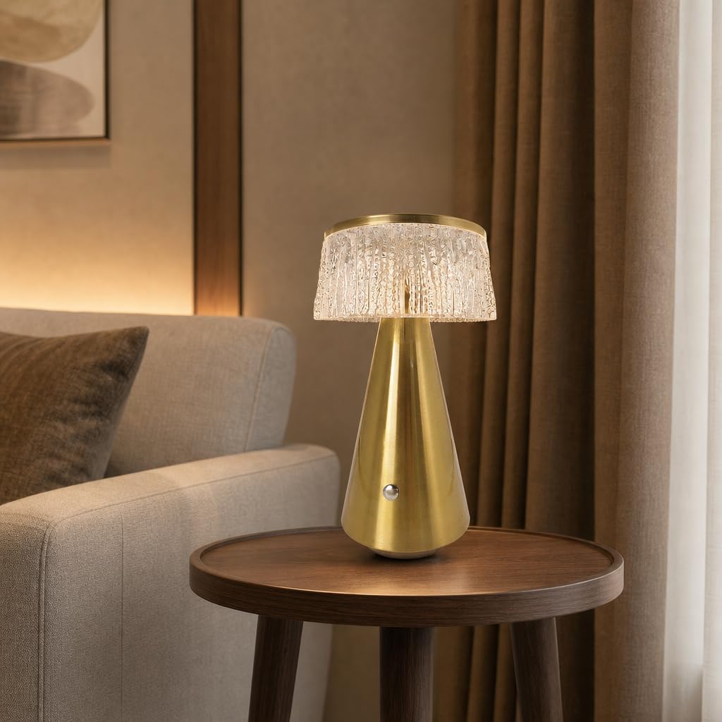 LED Pilzlampe Akku Tischlampe Kabellos Gold Tischleuchte | Dimmbar Touch USB Aufladbar Pilz Lampe Nachttischlampe Ohne Kabel 3000K-6000K Tragbare Nachtlicht Acryl Lampenschirm