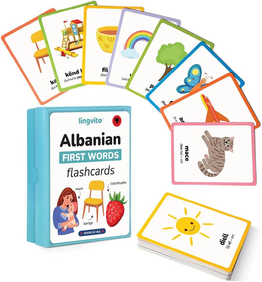 Albanian First Words Flashcards for Kids | Learn Albanian Vocabulary | Bilingual Language Learning Cards for Toddlers & Preschoolers | Montessori Educational Flashcards for Early Learning