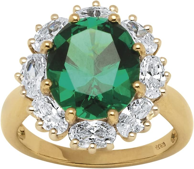 PalmBeach Yellow Gold-plated Sterling Silver Oval Cut Created Green Emerald and Oval Cubic Zirconia Halo Ring Sizes 6-10
