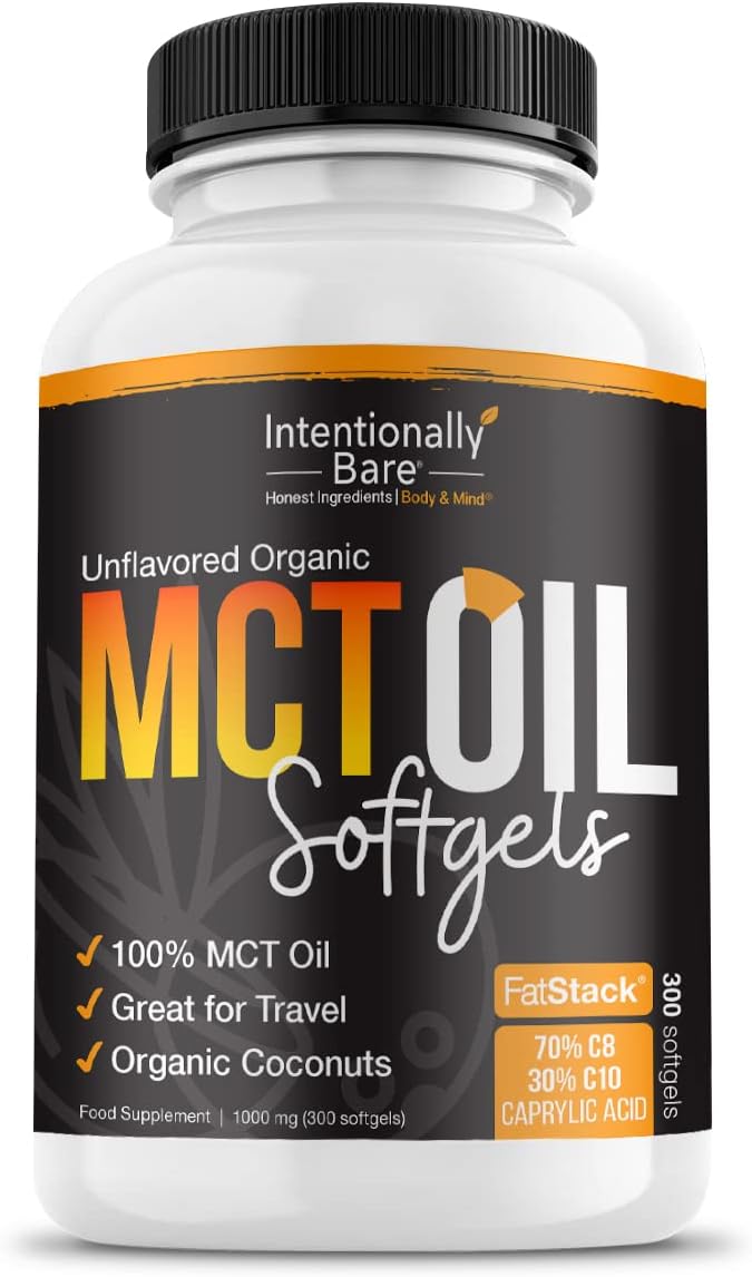 Intentionally Bare Organic MCT Oil Capsules -70% C8 and 30% C10 MCT Supplement- Clean Energy, Brain Health, Mood & Focus -Coconut C8 Pills for Low Carb, Keto & Paleo & Great for Travel-300 Soft Gels