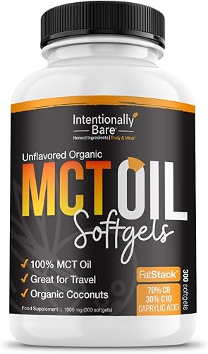 Intentionally Bare Cápsulas de aceite MCT orgánico – 70% aceite C8 MCT y 30% C10 MCT cápsulas sin sabor para dieta Keto baja en carbohidratos y