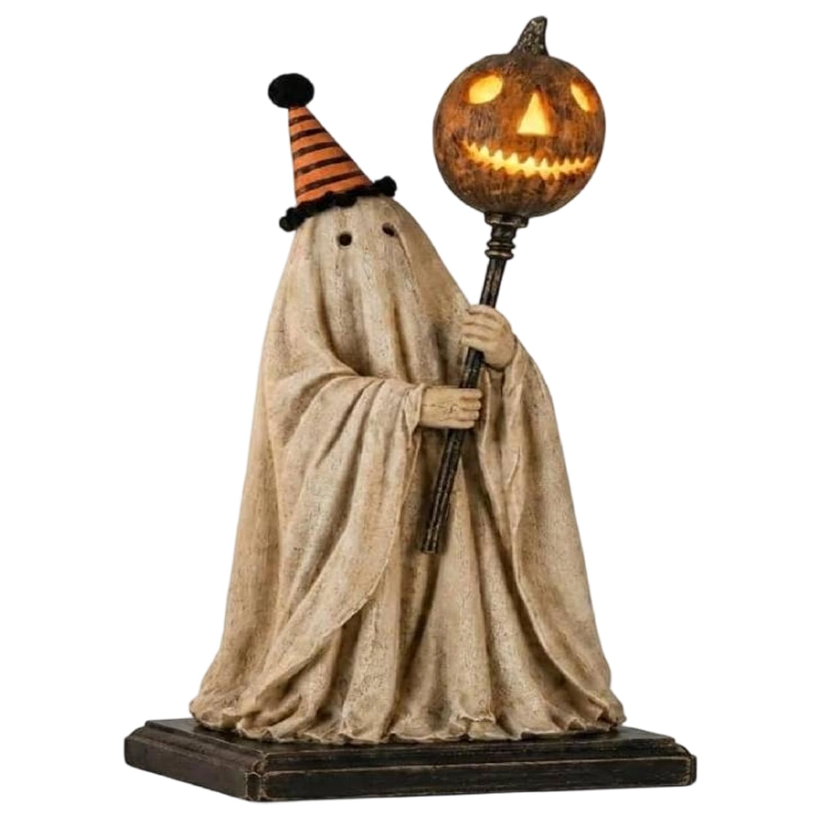 Lighted Vintage Ghost Figurine with Glowing Pumpkin Staff Cute Halloween Decorations Wear Resist Farmhouse Halloween Tabletop Decor for Mantel Entryway Tabletop