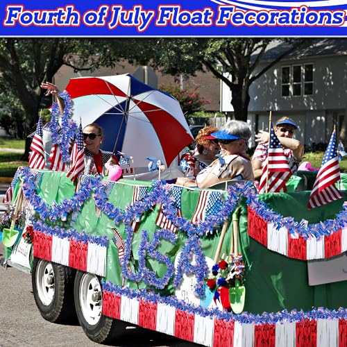 Image of Meonum 10 Pcs 4th of July Parade Float Decorations, American Flag Float Fringes and Patriotic Tinsel Garlands, Red White Blue Garland for Independence Day Memorial Day Decoration (American Flag)