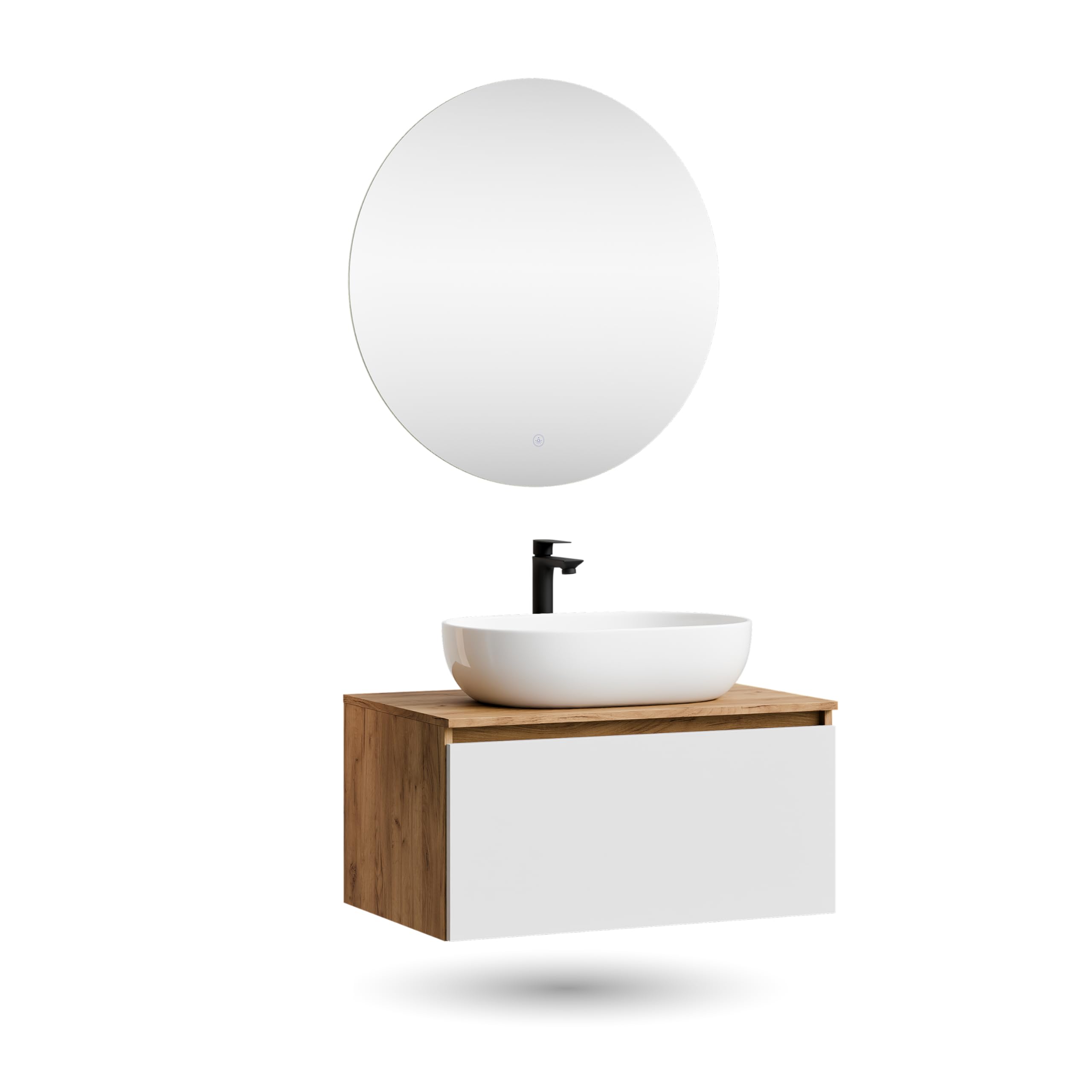Planetmöbel Arisa Ensemble de meubles de salle de bain avec meuble bas 80 cm chêne doré blanc avec miroir Nova Lavabo 60 cm blanc + siphon d'économie d'espace