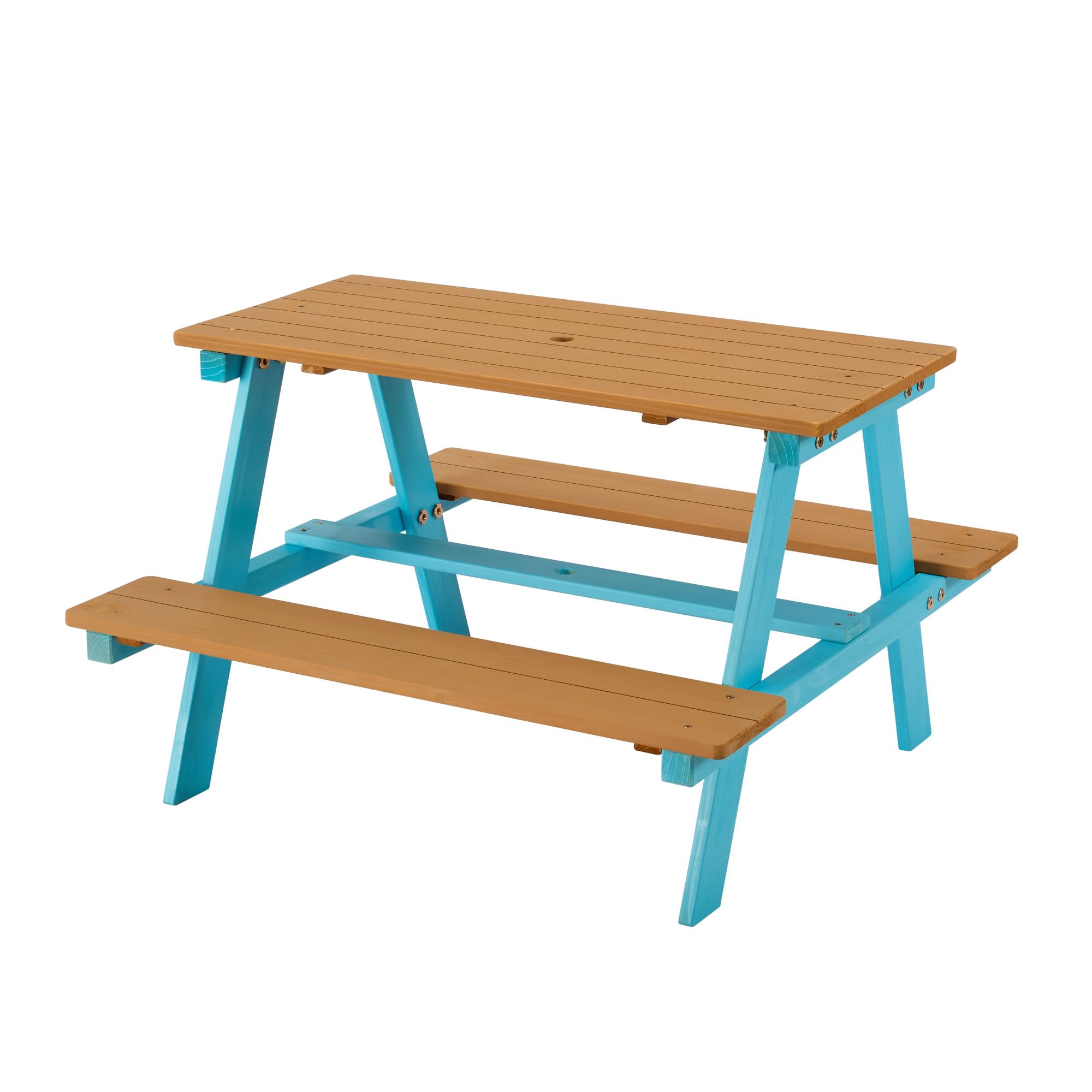 Teamson Kids Mesa de Picnic de Madera Dakota con Parasol a Rayas – Mesa y Bancos de Exterior para niños, Azul