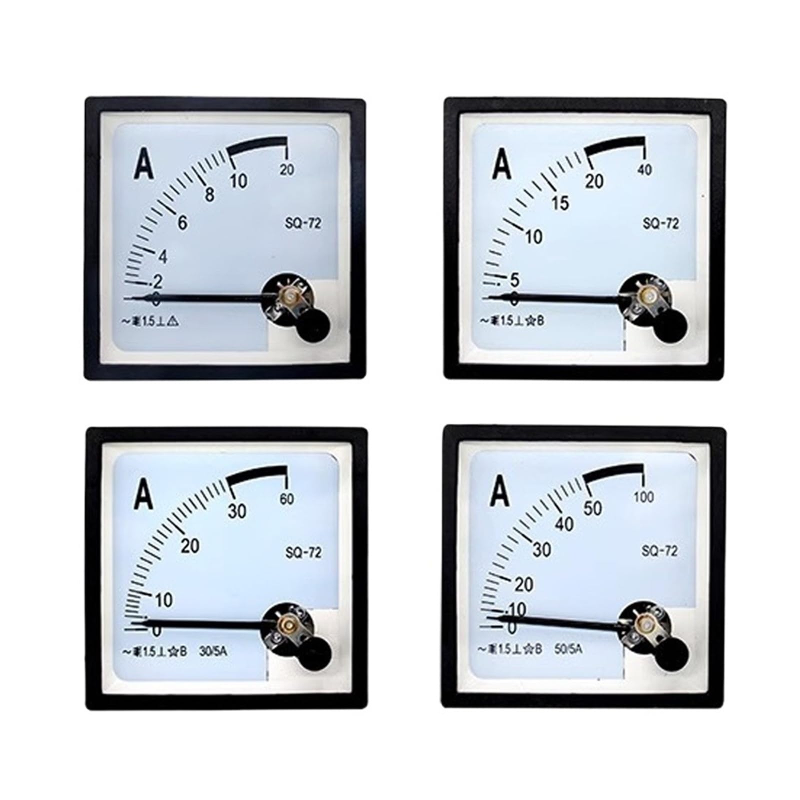 Amperímetro analógico SQ-72 de 72 x 72 mm con puntero, compatible con rangos de 1 A, 2 A, 3 A, 5 A, 10 A, 15 A, 20 A, 30 A y 50 A. Modelo CZ-72.(15A)