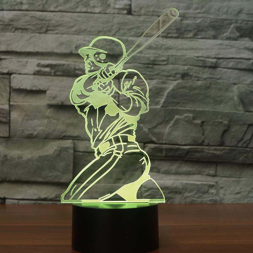 Wangzj 3D Optical Illusion Night Light/3D Night Light Illusion Lamp Bedside Table Lamp/Sports Fan Gift/7 Color Change/Baseball Player