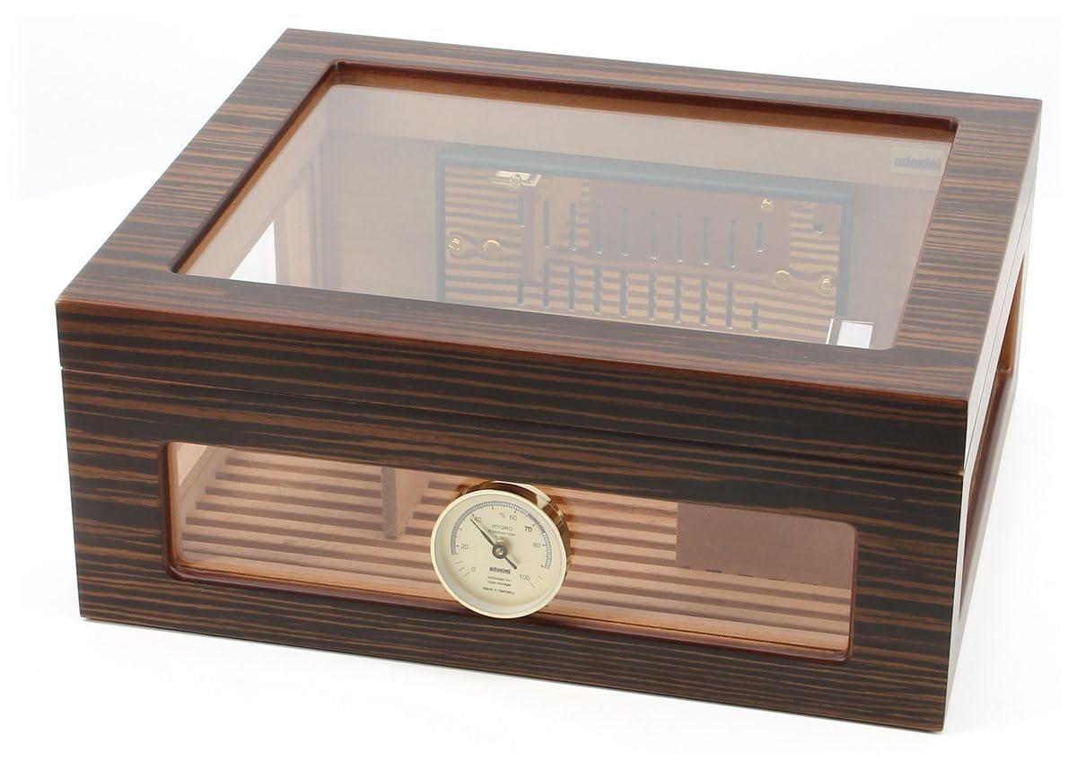 adorini Humidor Treviso Deluxe Cigar Storage with Glass lid, Ebony Veneer in Brown, Holds 75 Cigars