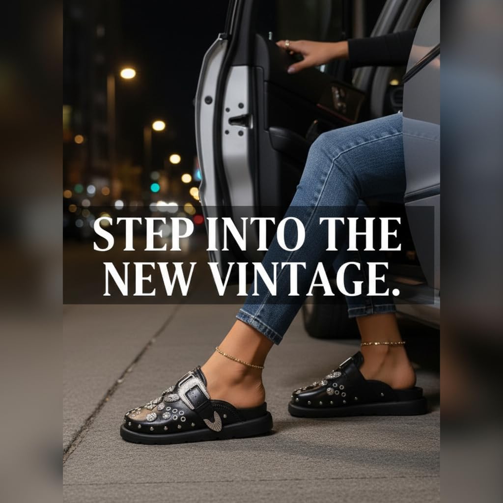 Women's Y2K Retro Leather Mules, Studded Closed Toe Platform Clogs with Large Metal Buckle, Trendy Slip On Shoes for All Season