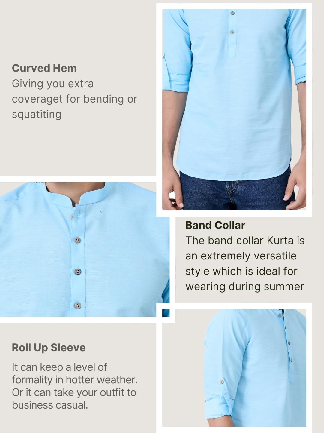 See Designs Men's Roll-Up Sleeve Mandarin Collar Light Blue Solid Cotton Short Kurta - Sdkt2983L