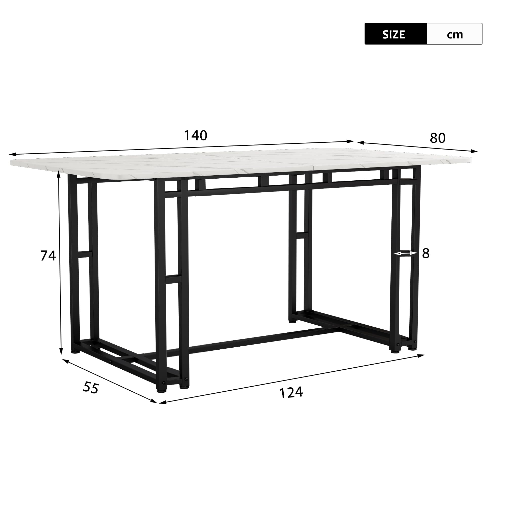 Luksusowy, lekki stół do jadalni, 140 x 80 cm, nowoczesny, prostokątny design, czarna metalowa rama, elegancki stół kuchenny z płyty MDF, do jadalni, salonu, idealny dla rodziny i gości