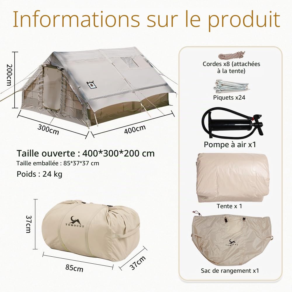TOMOUNT Tente gonflable 300D étanche en polyester pour 8 personnes Facile à installer avec sac de rangement et pompe à air Tente de camping pour l'extérieur, le camping, la randonnée, les festivals