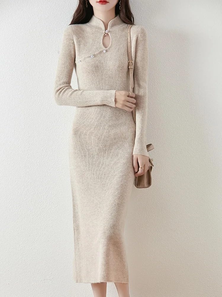 Chinese Style Women Wool Dress Slim Cashmere Sweater Autumn Winter Wool Slim Pullover Vintage Skirts