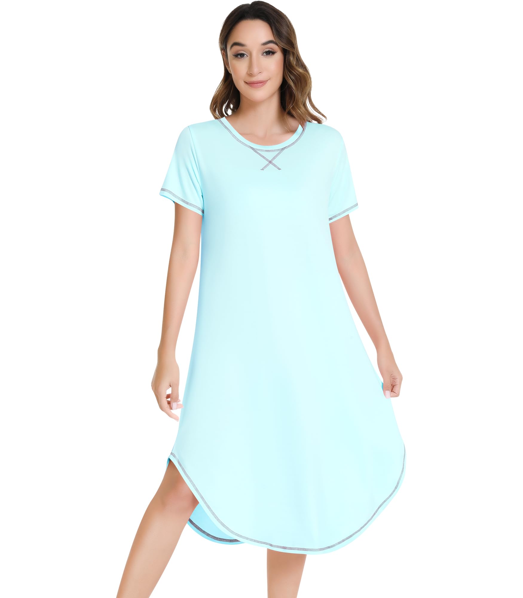 NACHILA Women's Bamboo Viscose Nightgown Short Sleeve Crew Neck Sleepwear | Curved Hemline Sleep Shirt, Stylish Contrast Color Trim, Lightweight Loungewear, Unrestricted Movement, Daily Relaxation