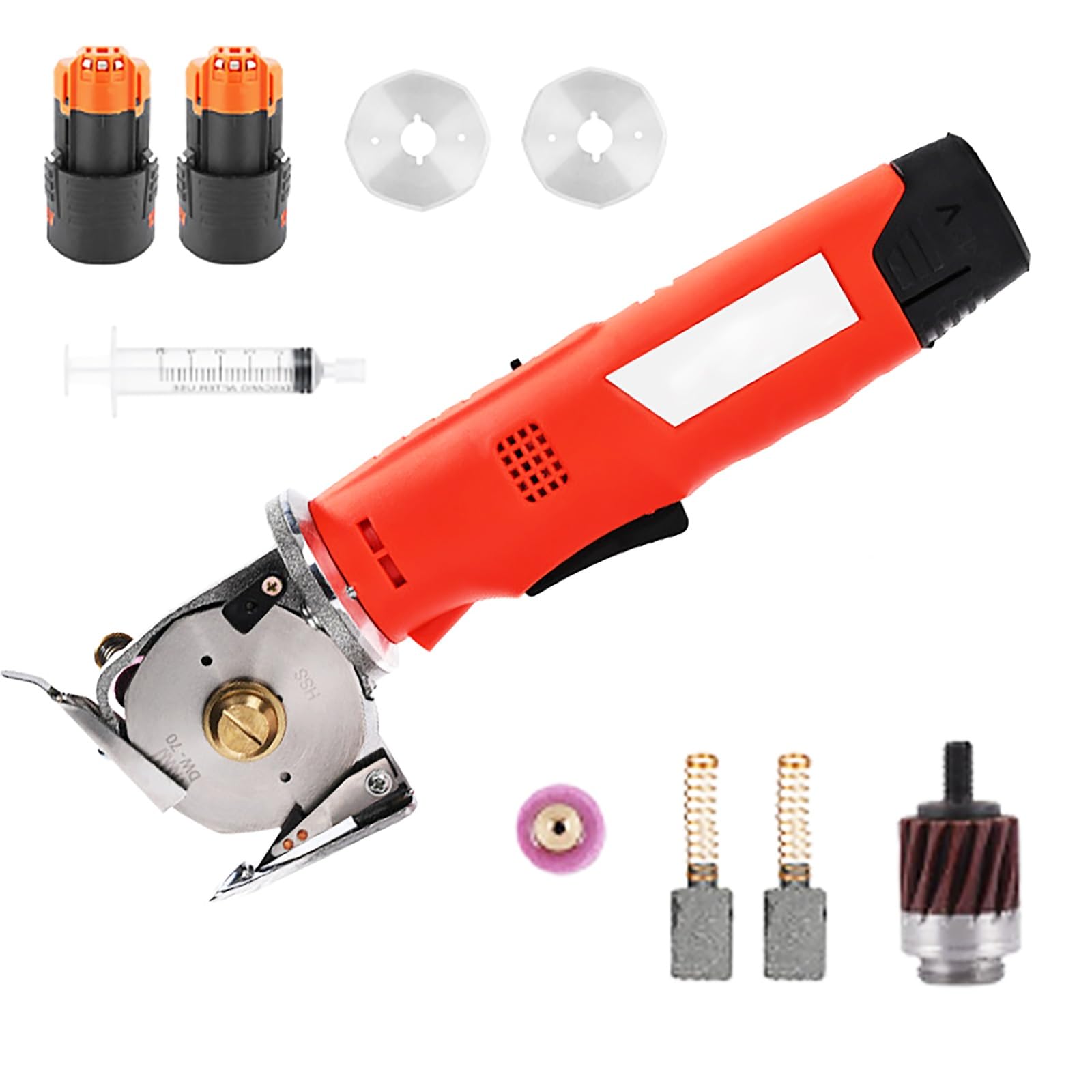 Cortadora de tela rotativa eléctrica, tijeras eléctricas, cortadora de tela con 2 baterías y 2 cuchillas, iluminación frontal, cortadora inalámbrica de cuchilla redonda para tela multicapa