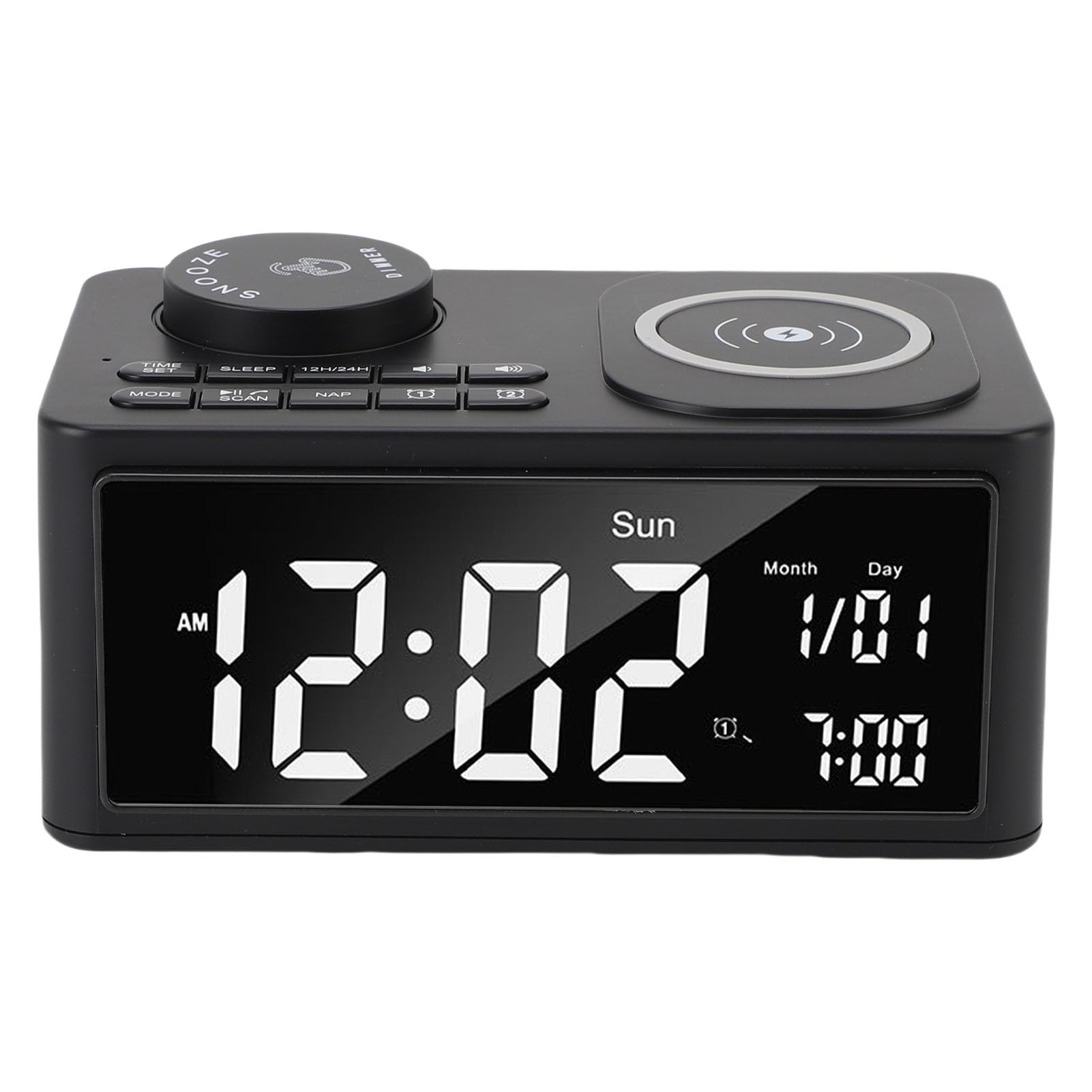 LICAEVEY Radio de Reloj de Alarma de Carga Inalámbrica 3 en 1 con Altavoz Bluetooth, Cargador Rápido de 15W, Alarmas Duales, Radio FM y Micrófono Incorporado para (Enchufe de la UE)