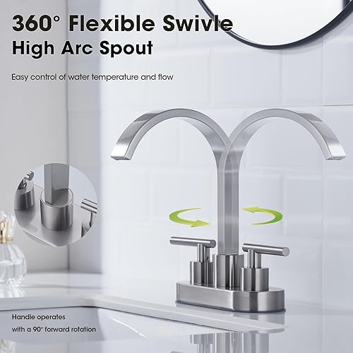 Miniatura 3 de Grifo de níquel cepillado con boquilla giratoria cuadrada de cascada para baño, 2 manijas de 4 pulgadas, con montaje de drenaje y líneas de