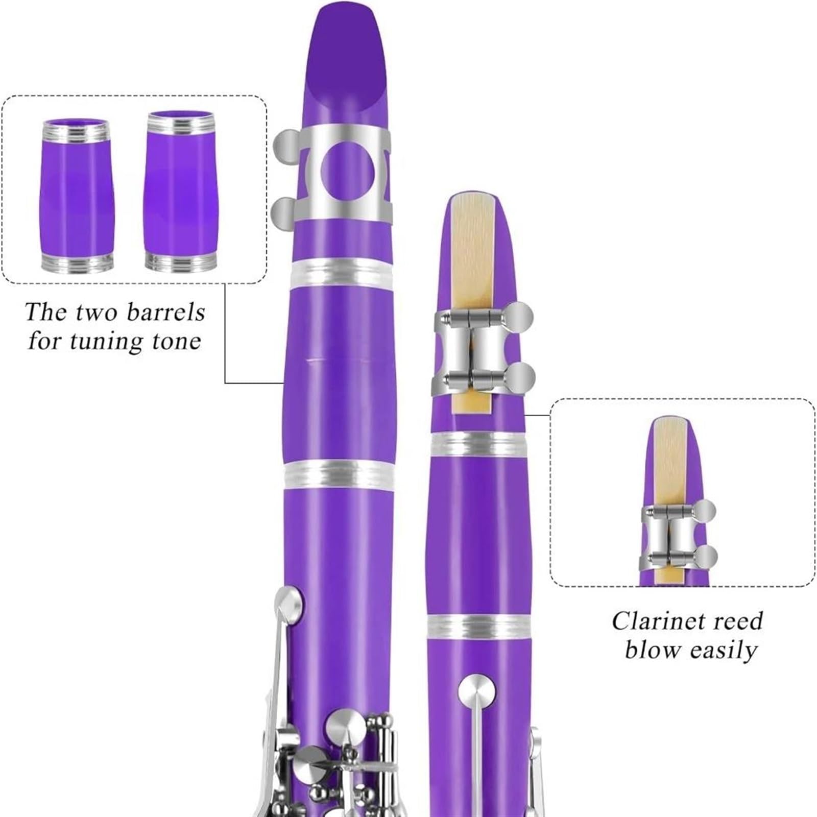 Klarnet Dla Początkujących Klarnet Bb Dla Początkujących Studentów B-dur 17 Klawiszy Klarnet Z Futerałem Stojak Pasek 2 Baryłki 8 Poduszek(Purple)